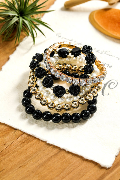 Black Flower Rhinestone Beaded Multi Layer Bracelet Set