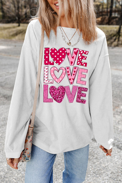 White Heart LOVE Graphic Corded Valentines Pullover Sweatshirt