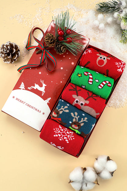 Fiery Red 5 Pairs/Set Christmas Cartoon Elk Soft Socks Set with Box