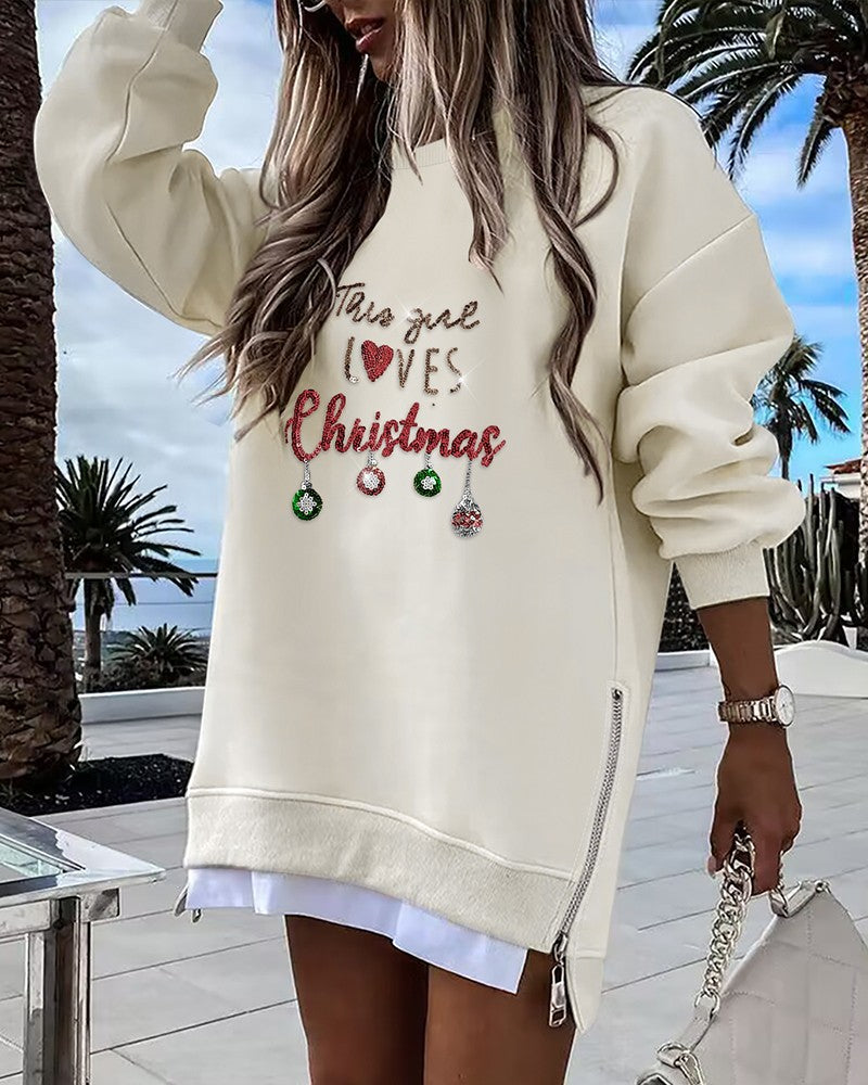 Christmas Sequin Letter Pattern Casual Dress Side Zipper Design Pullover Sweatshirt