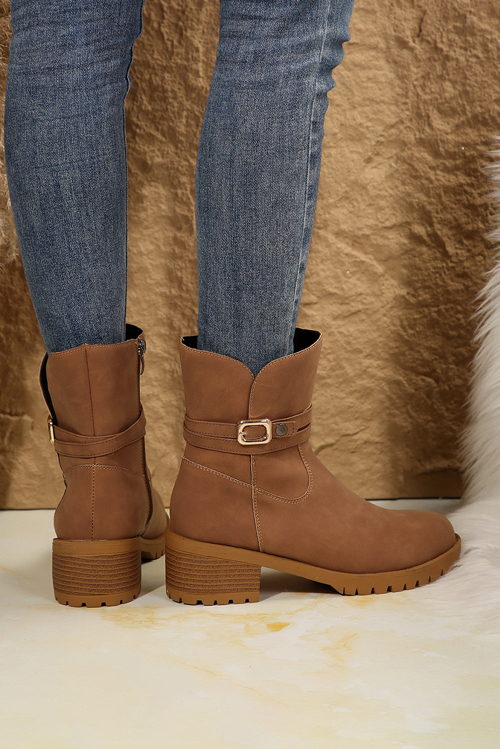 Chestnut Suede Buckle Decor Heeled Ankle Boots