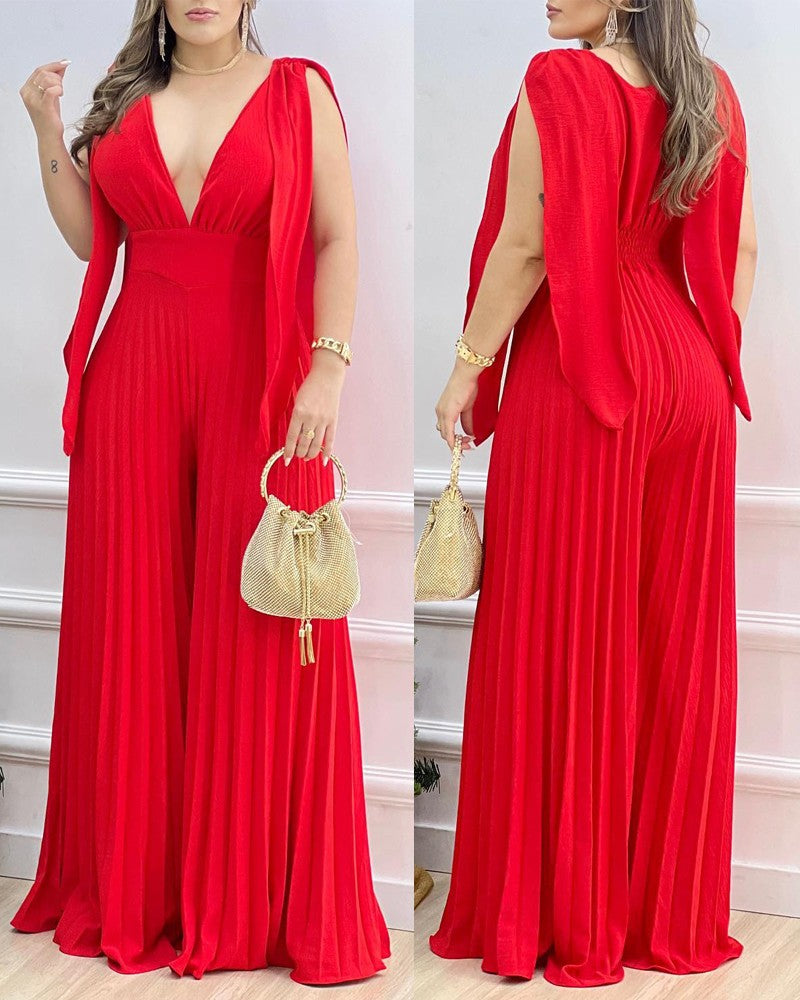 V Neck Split Sleeve Cinched Waisted Jumpsuit Pleated Wide Leg Romper