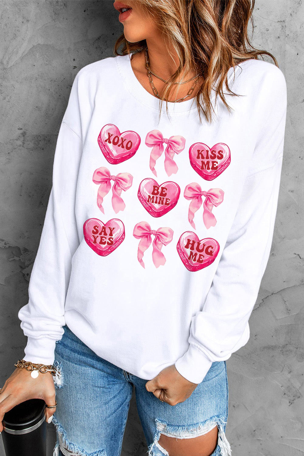 White Valentine Candy Heart & Bow Graphic Sweatshirt