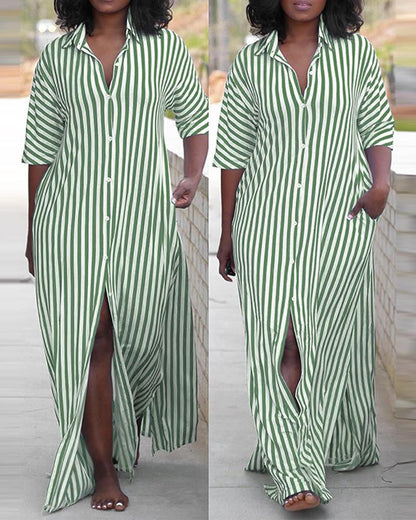 Striped Buttoned Slit Shirt Dress