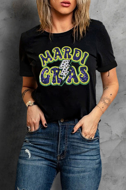 Black MARDI GRAS Lightning Graphic Short Sleeve Top