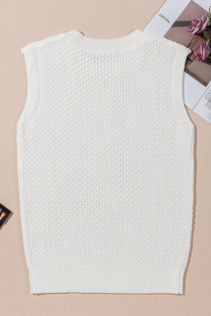 White Solid Color Eyelet Knit Crew Neck Sweater Vest