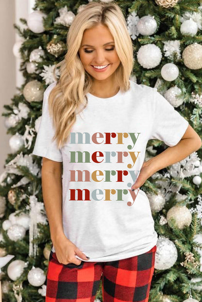 White Colorful merry Printed Crewneck Christmas T Shirt