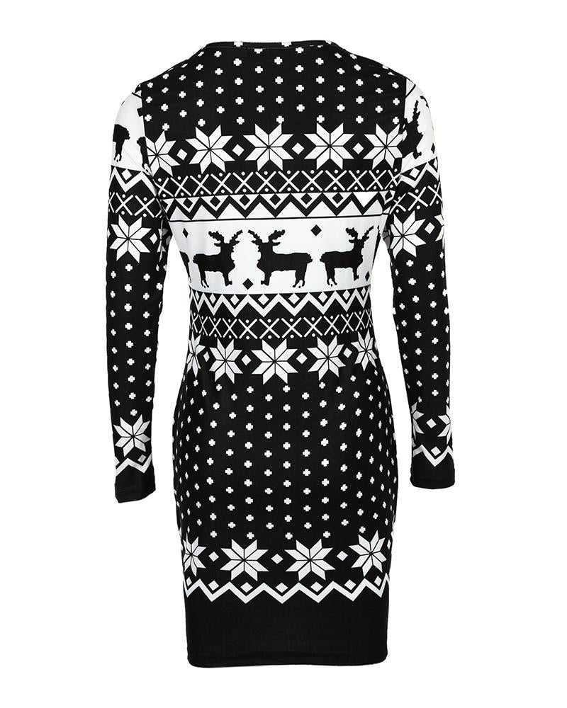 Christmas Snowflake Elk Print Crewneck Bodycon Dress Slim Fit Long Sleeve Mini Dress