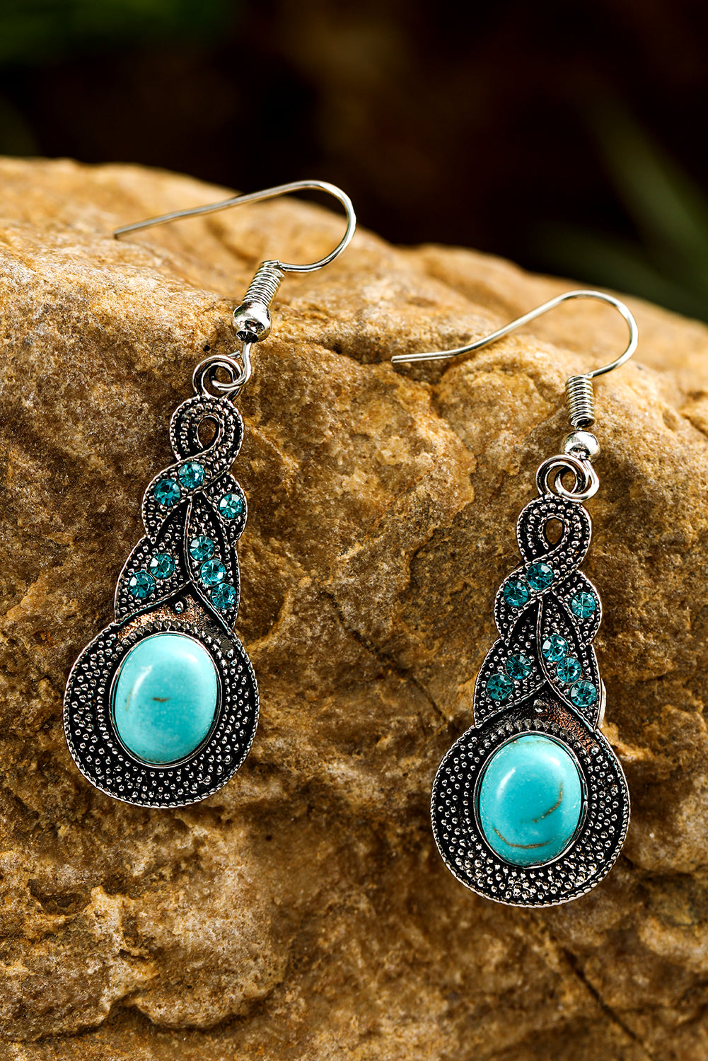 Silvery Western Turquoise Rhinestone Inlay Dangle Earrings