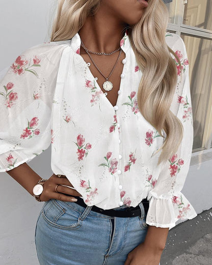 Floral Print Stand Collar Long Sleeve Blouse Front Button Casual Top