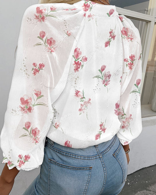 Floral Print Stand Collar Long Sleeve Blouse Front Button Casual Top