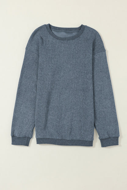 Blue Solid Ribbed Knit Round Neck Pullover Sweatshirt