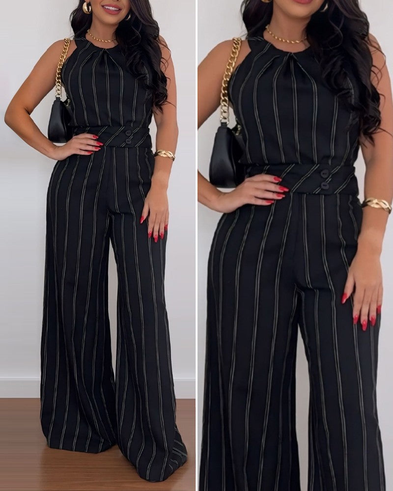 2 Piece Striped O neck Sleeveless Top Buttoned High Waist Wide Leg Pants Outfits Set