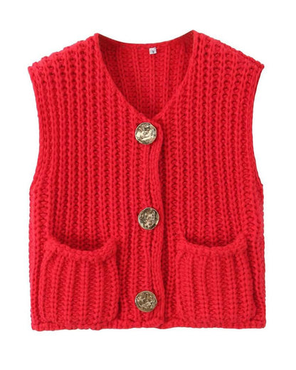 V Neck Sleeveless Button Front Knit Vest Casual Loose Fit Sweater Top with Pockets