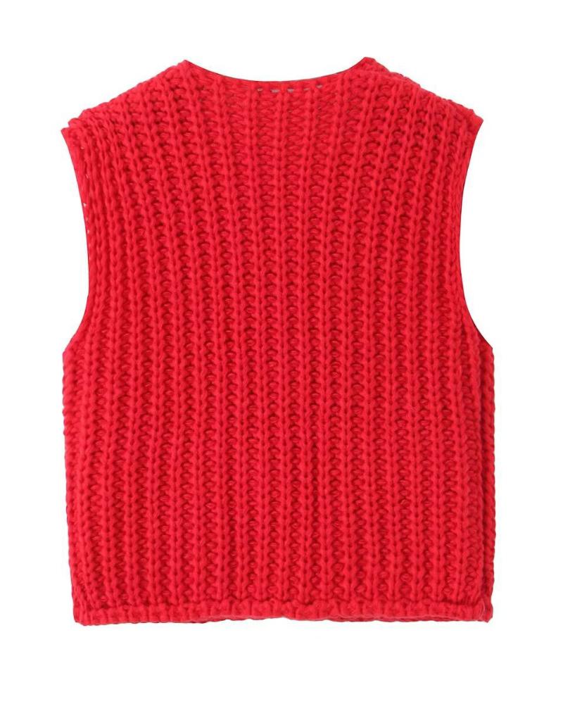 V Neck Sleeveless Button Front Knit Vest Casual Loose Fit Sweater Top with Pockets