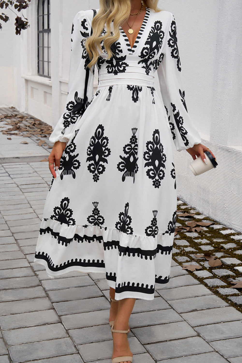 White Ethnic Geometric Print Long Sleeve V Neck Cinched Waist Maxi Dress