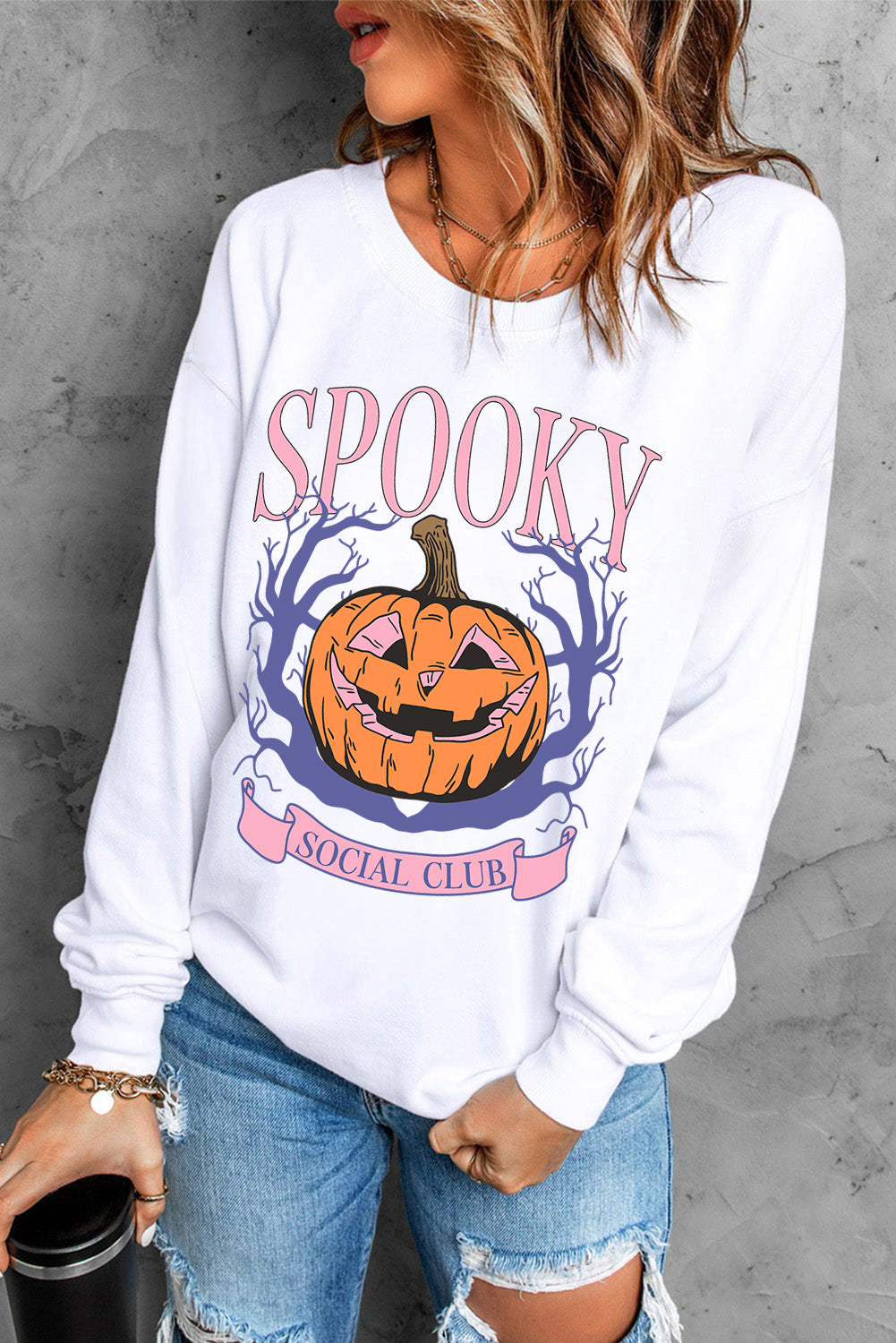 Beige SPOOKY SOCIAL CLUB Halloween Pumpkin Face Graphic Sweatshirt