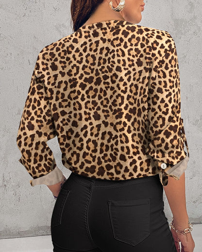 Leopard Print Stand Collar Roll Up Sleeve Sleeve Blouses Casual Shirt