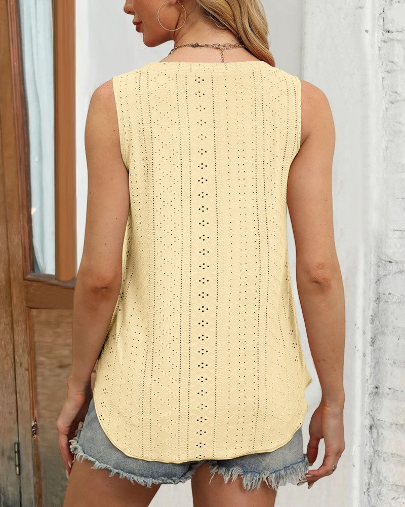 V Neck Sleeveless Thick Strap Hollow out Knit Tank Causal Top