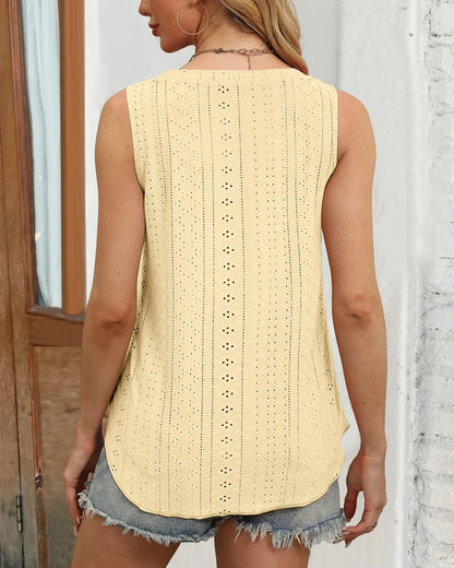 V Neck Sleeveless Thick Strap Hollow out Knit Tank Causal Top