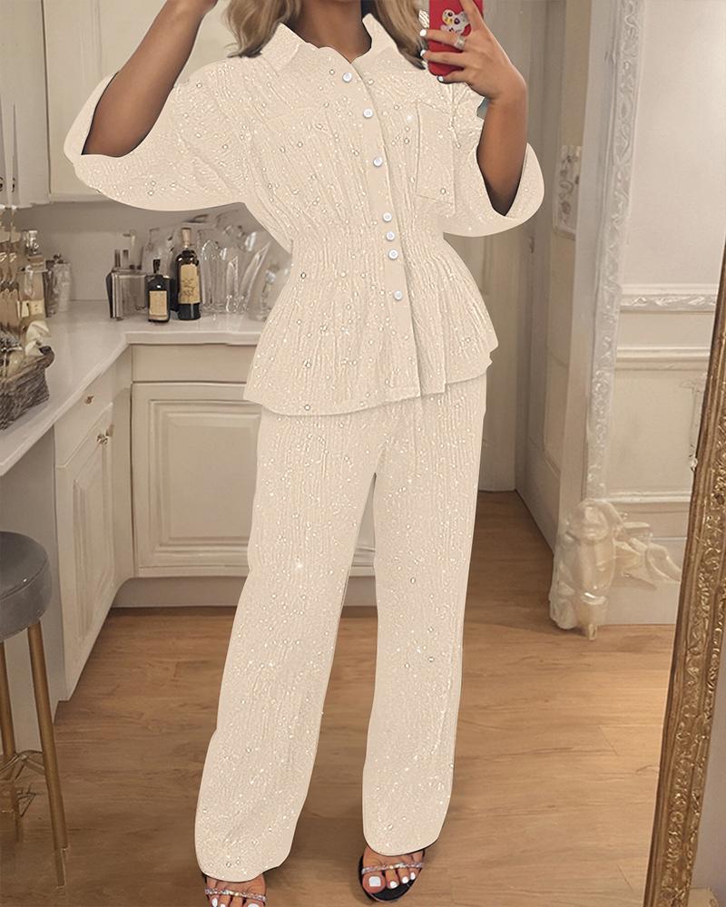 2 Pieces Glitter Stand Collar Three Quarters Sleeve Button Front Blouse and Casual Loose Fit Pants Set