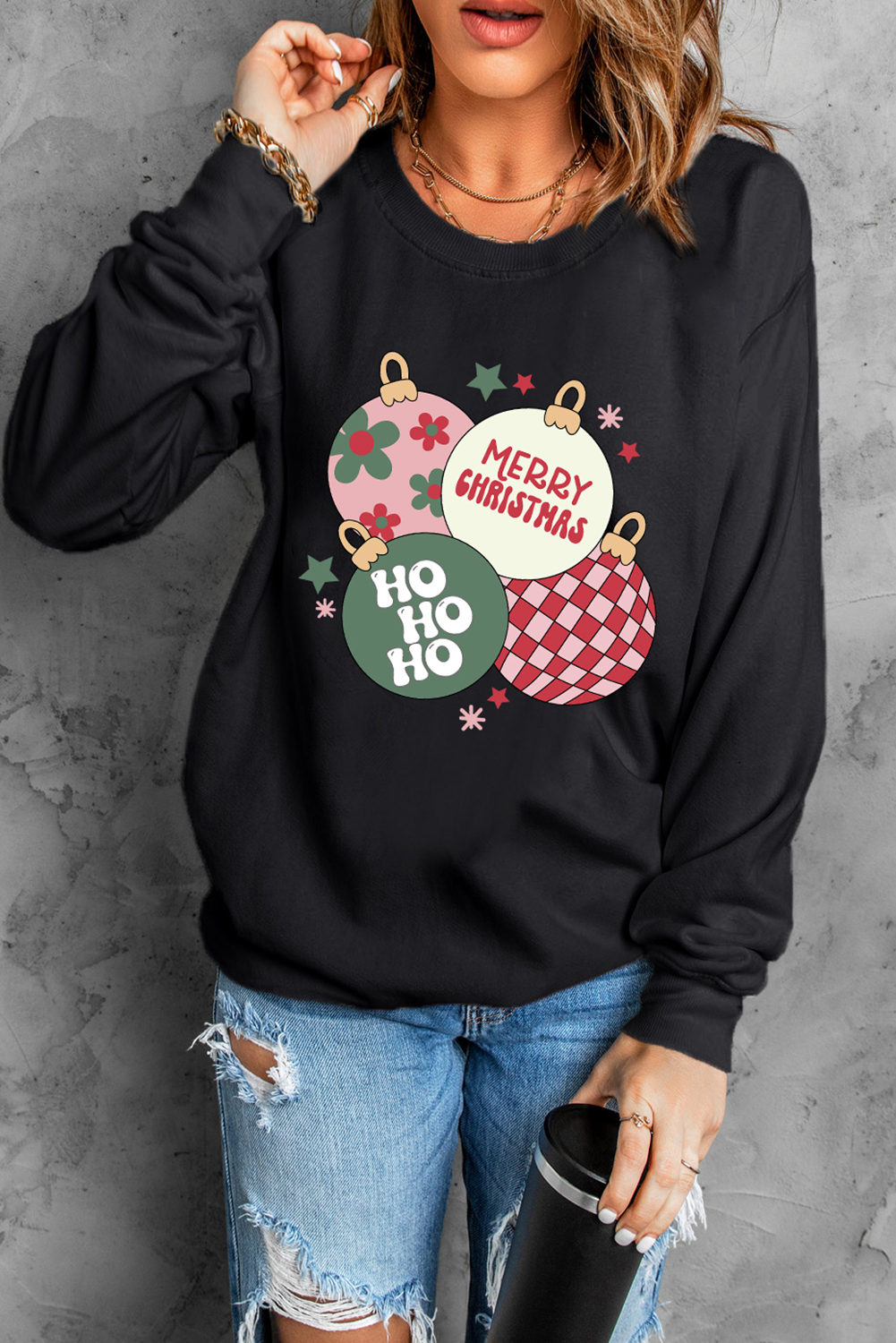 Black Floral Letter Christmas Ball Printed Crewneck Pullover Sweatshirt