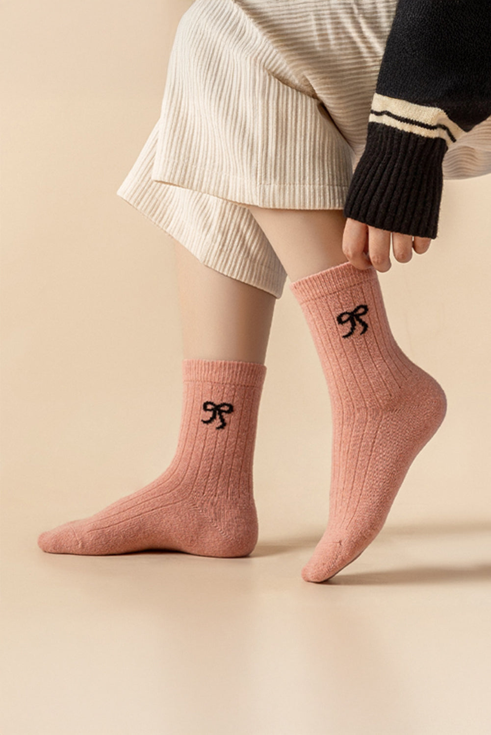 Gossamer Pink Bowknot Detail Ribbed Winter Stockings