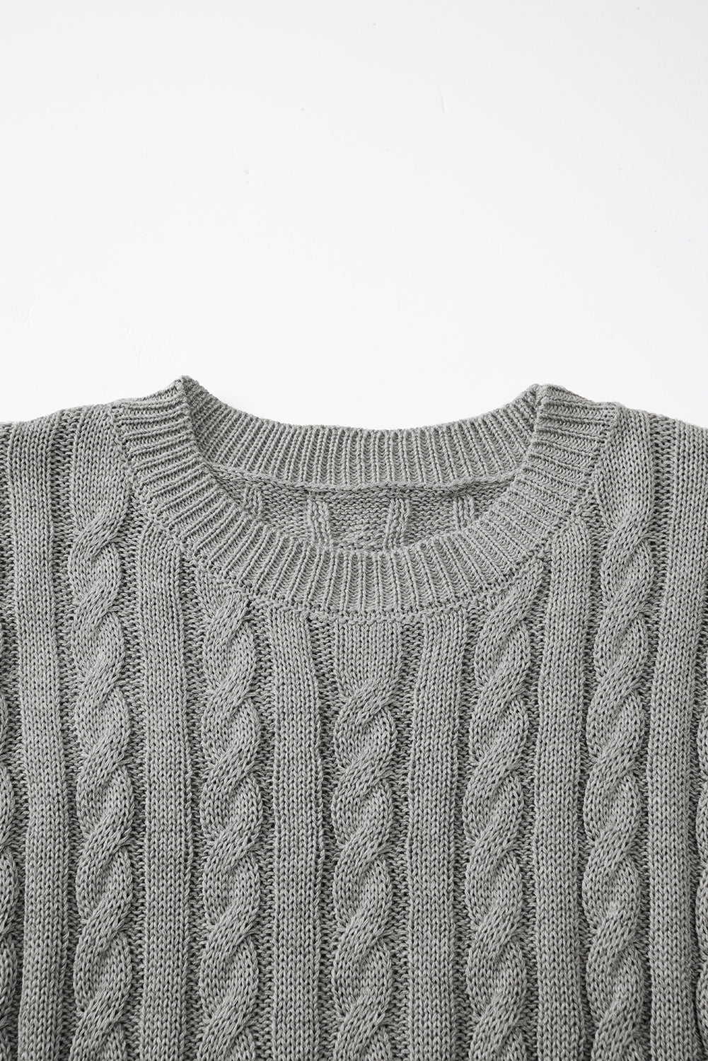 Gray Crew Neck Cable Knit Short Sleeve Sweater