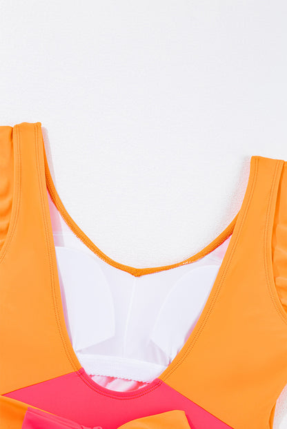 Vitality Orange Color Block Ruffled Knotted Backless One Piece Swimsuit