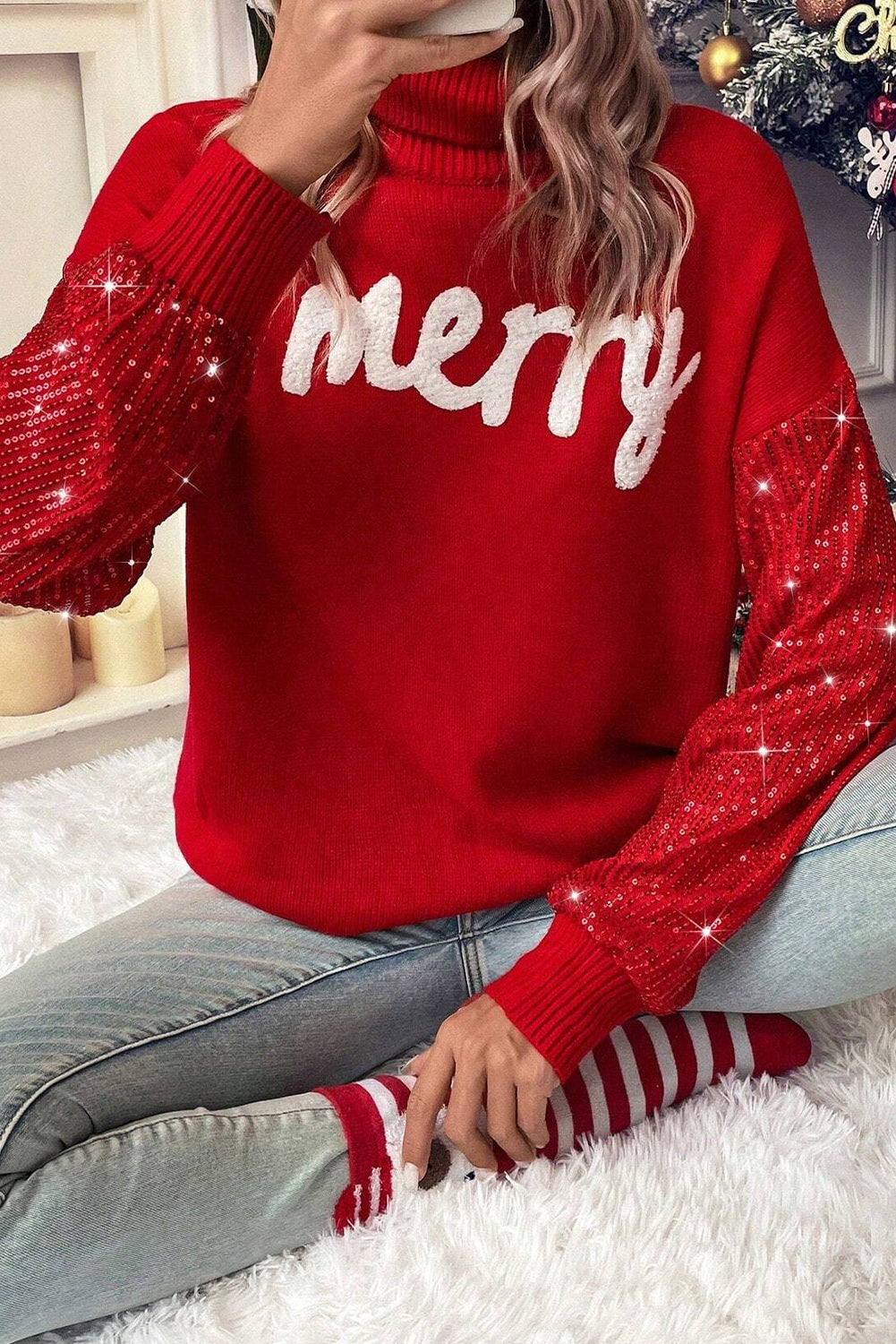 Racing Red Merry Graphic Sequin Sleeves Christmas Turtleneck Sweater