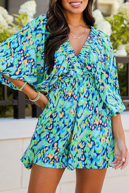 Green Abstract Print Puff Sleeve V Neck High Waist Romper