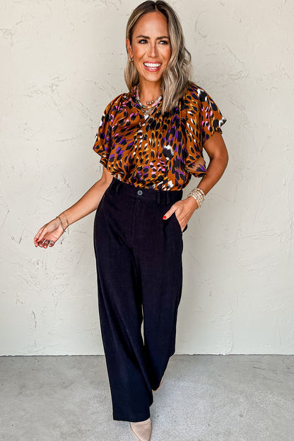 Orange Leopard Printed Draped Short Sleeve Slit V Neck Blouse