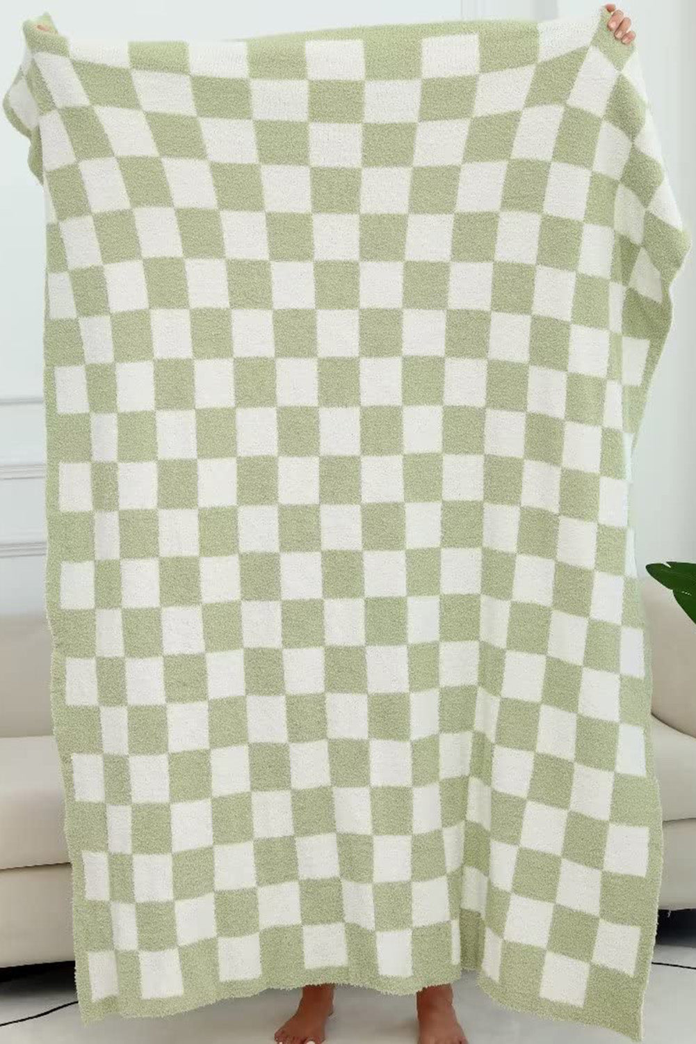 Grass Green Plush Checkered Print Sofa Blanket 127*152cm