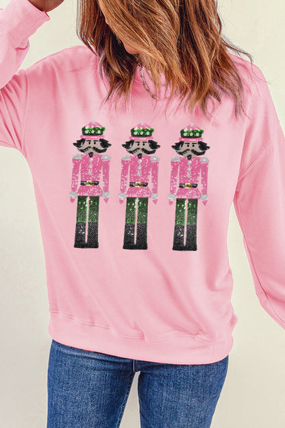 Pink Christmas Nutcracker Patched Pattern Drop Shoulder Sweatshirt