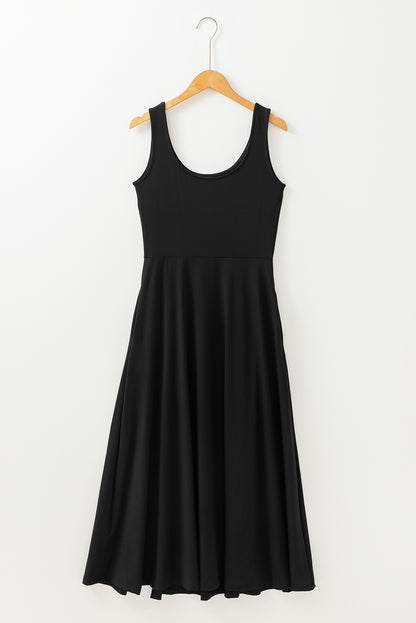 Black Sleeveless Scoop Neck Flared Split Midi Dress