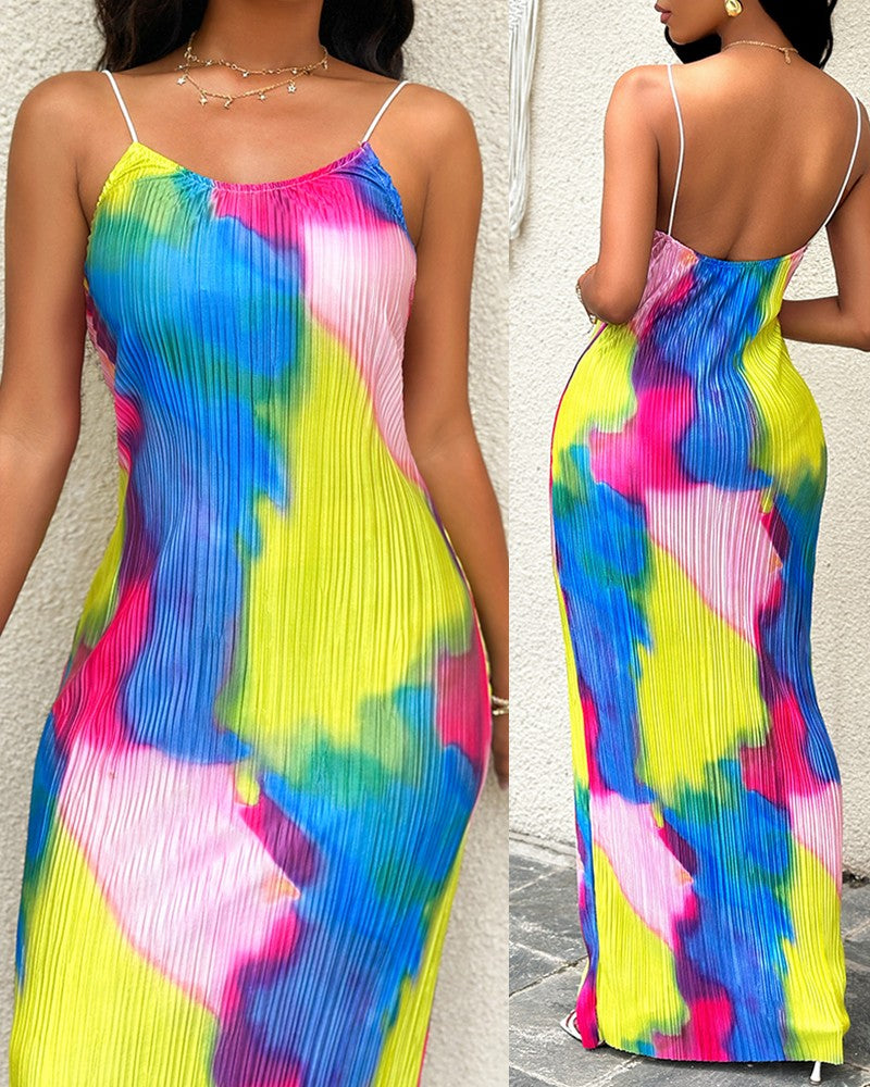 Colorblock Tie Dye Print Pleated Cami Maxi Dress