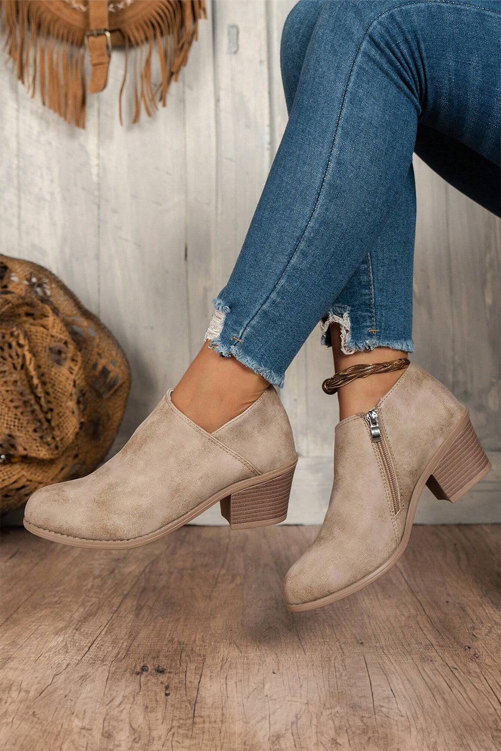 Philippine Gray Tulip Opening Suede Ankle Boots