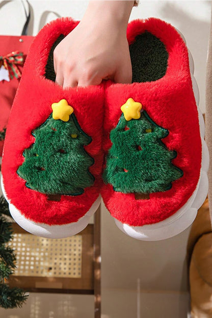 Fiery Red Christmas Tree Graphic Thick Sole Plush Slippers