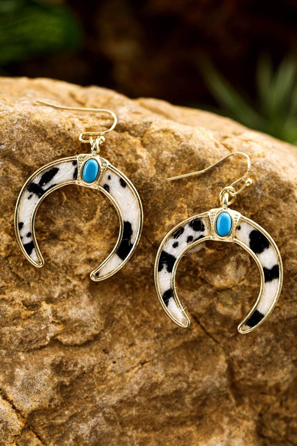 Black Cow Print Turquoise Inlay Crescent Shaped Dangle Earrings