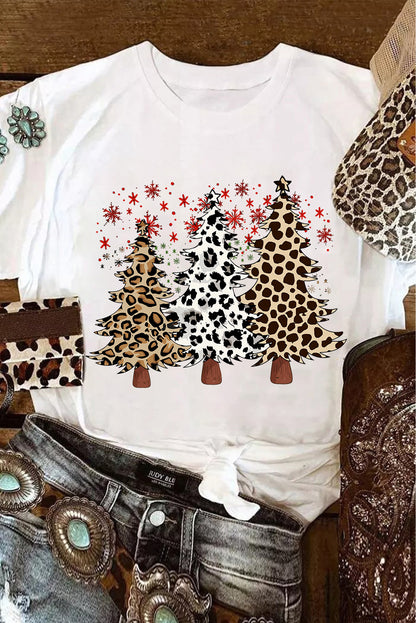 White Leopard Christmas Tree Graphic Crewneck Tee