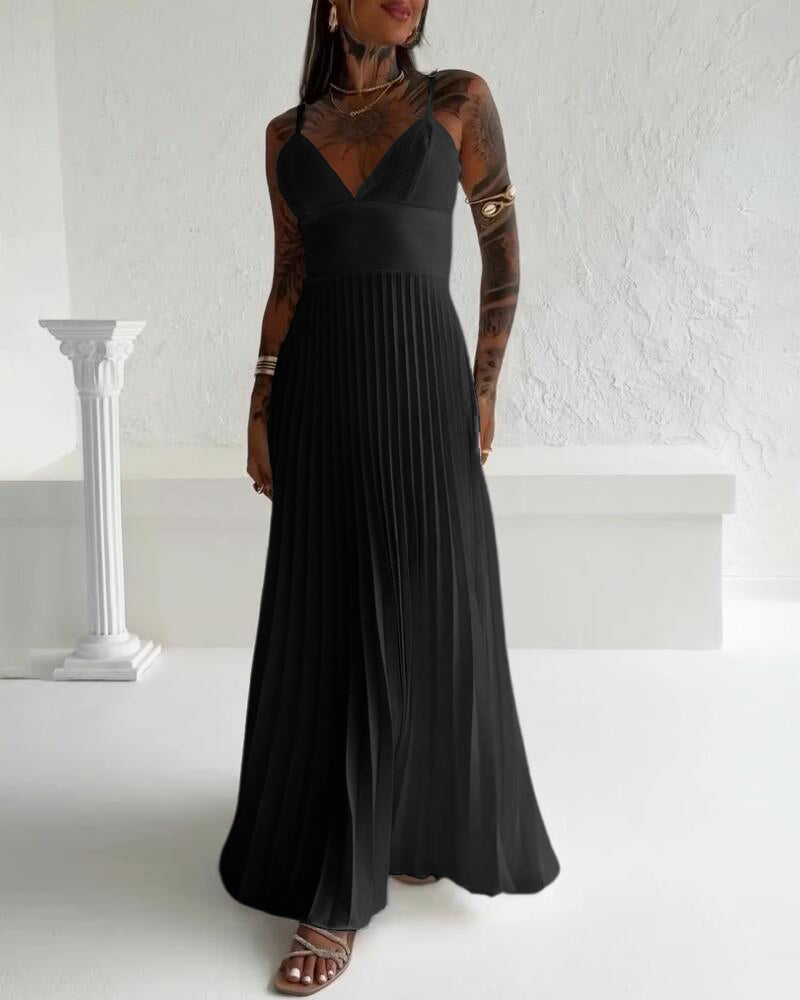 Bandeau Sleeveless Pleated Dress Elegant Flowy A Line Maxi Dress