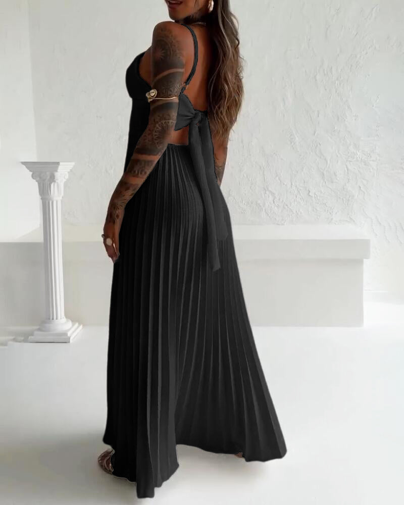 Bandeau Sleeveless Pleated Dress Elegant Flowy A Line Maxi Dress