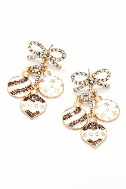 White Rhinestone Bow Circular Pendant Drop Earrings