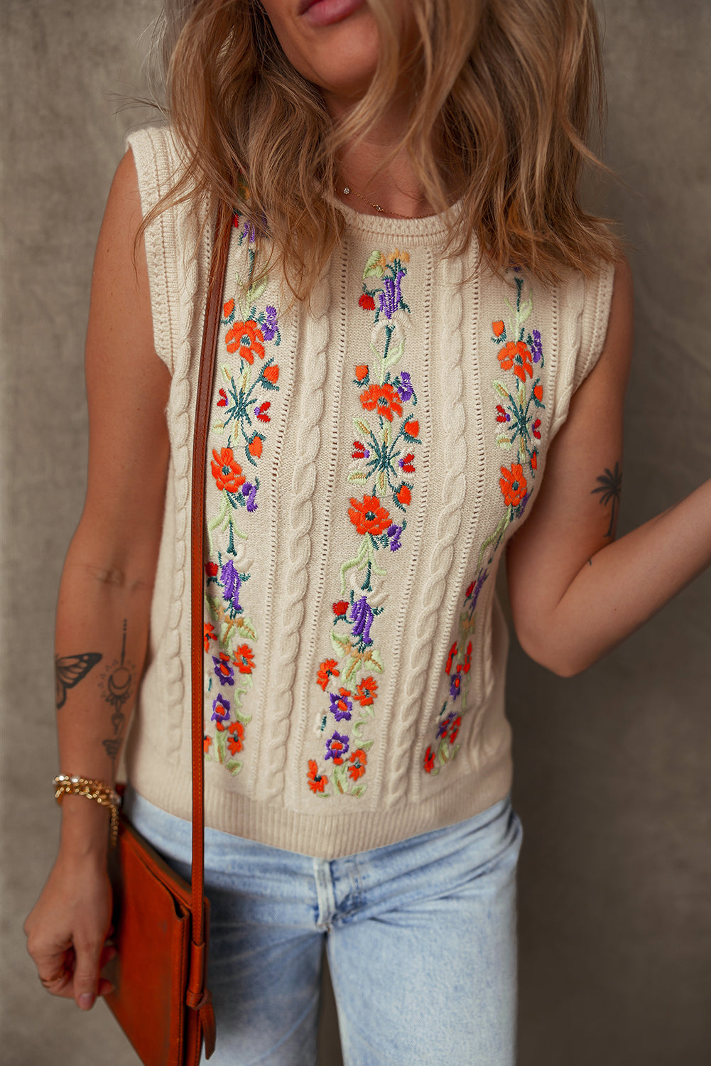 Jet Stream Embroidered Floral Cable Knit Sweater Vest