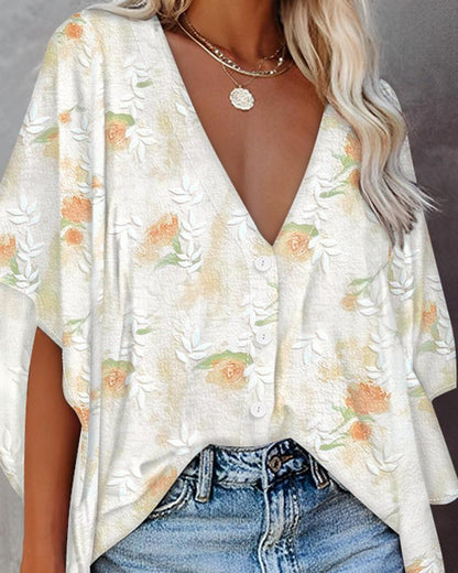 Floral Print V Neck Batwing Sleeve Blouse Button Front Oversized Shirt