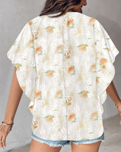 Floral Print V Neck Batwing Sleeve Blouse Button Front Oversized Shirt