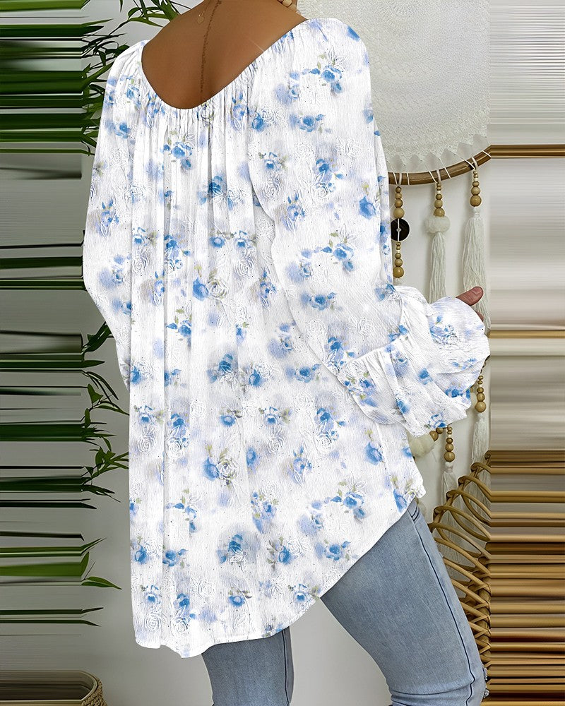 Floral Print Tassel Design Lantern Sleeve Shirred Blouse Casual Top