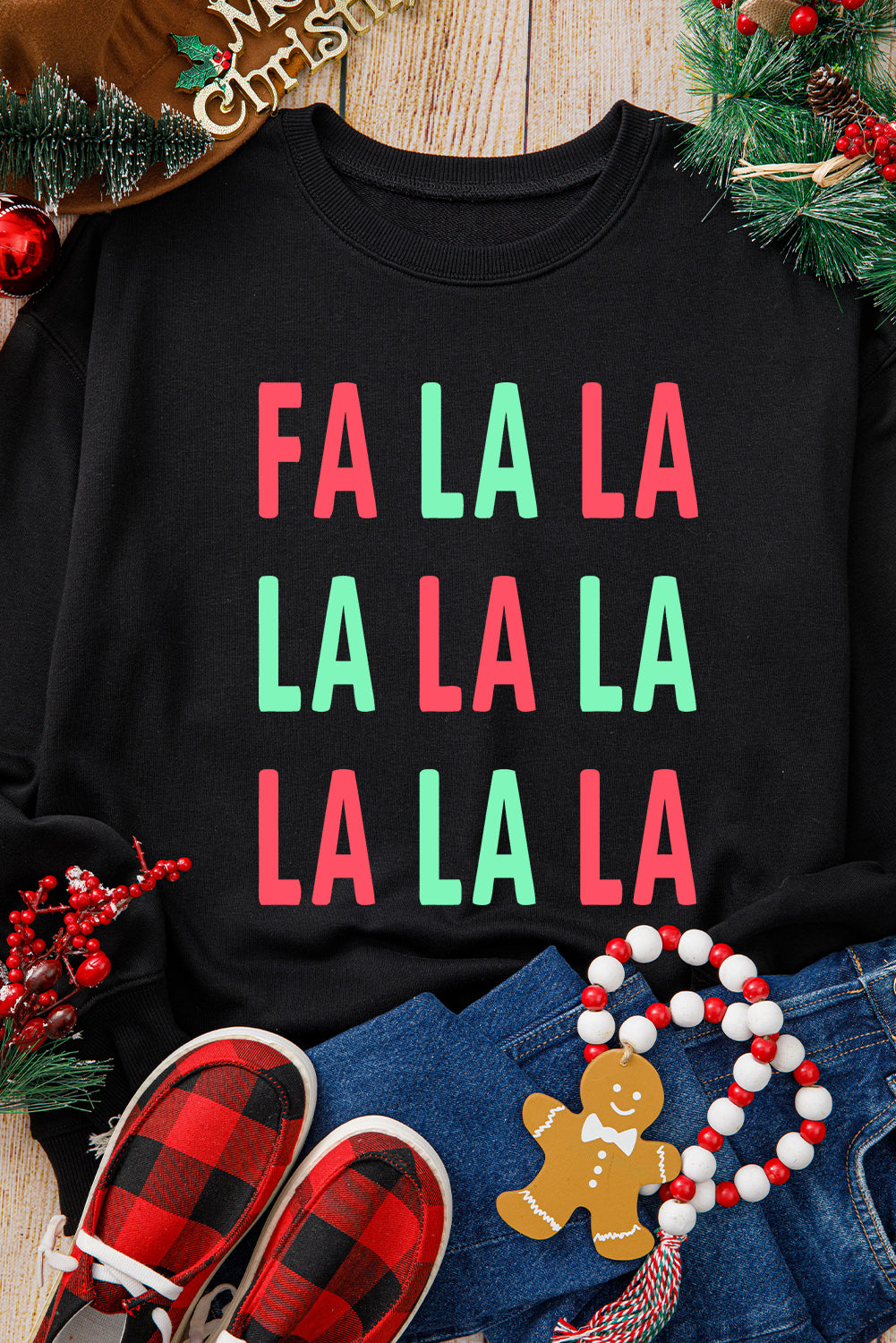 Black FA LA LA Christmas Letter Graphic Sweatshirt