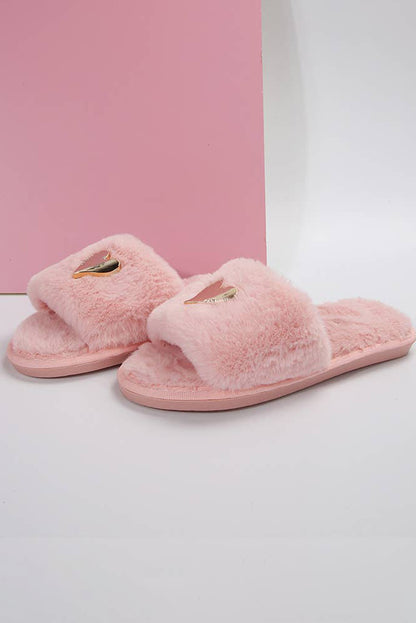 Pink Heart Shape Buckle Decor Open Toe Plush Slippers