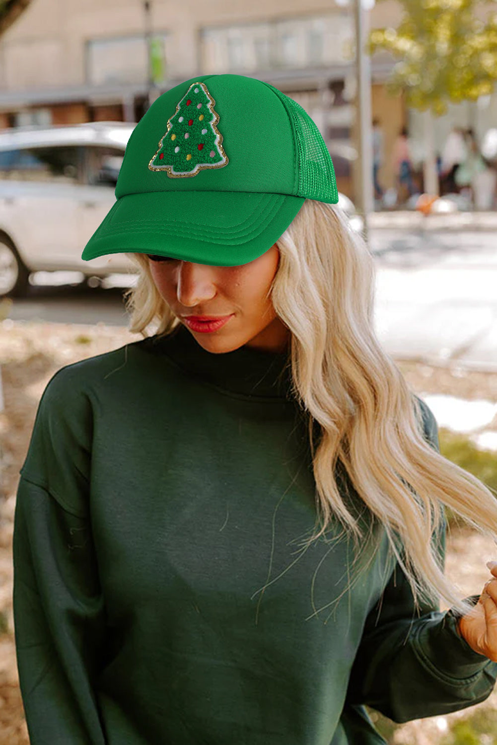 Bright Green Christmas Tree Patched Baseball Cap